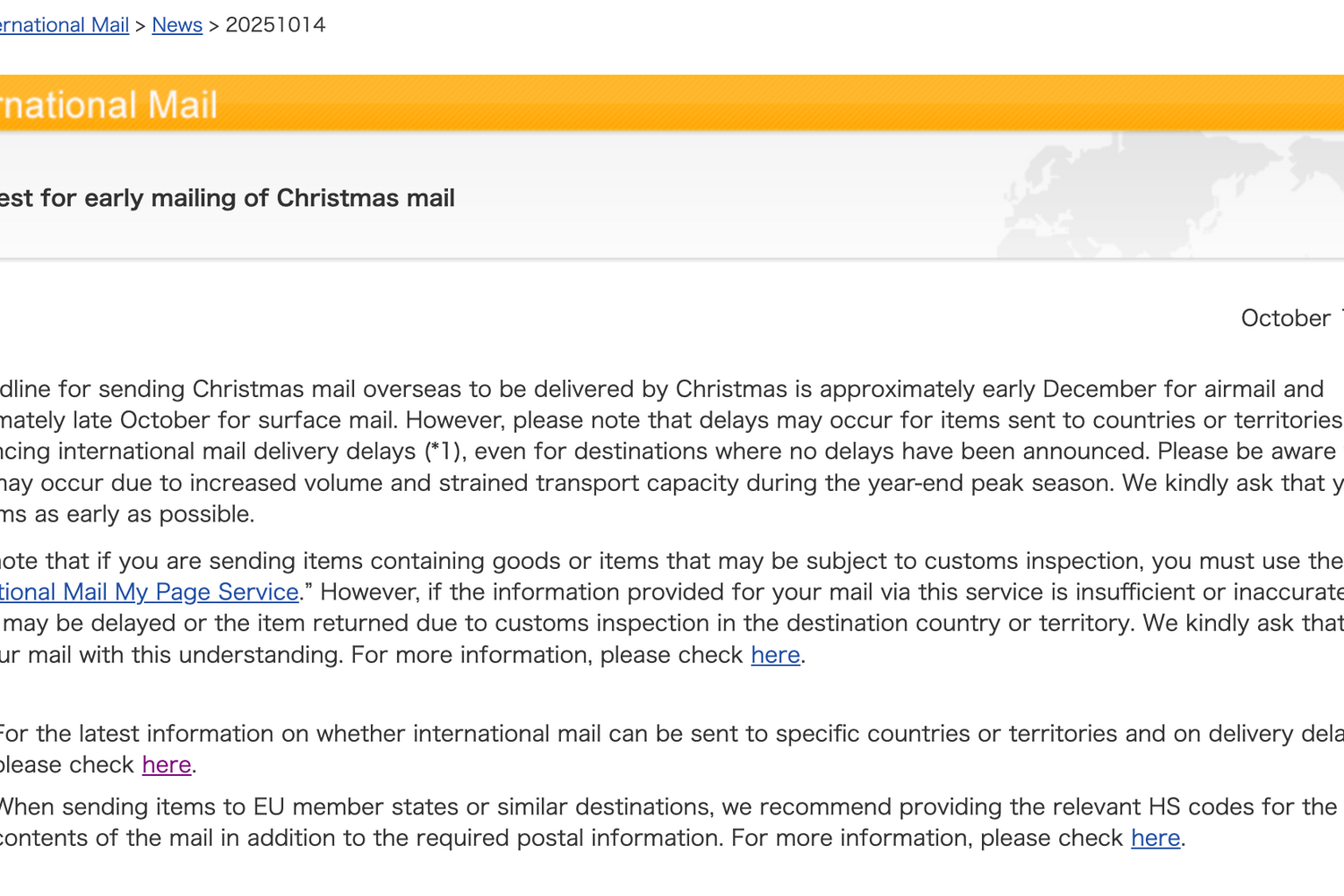 Request for early mailing of Christmas mail 2025