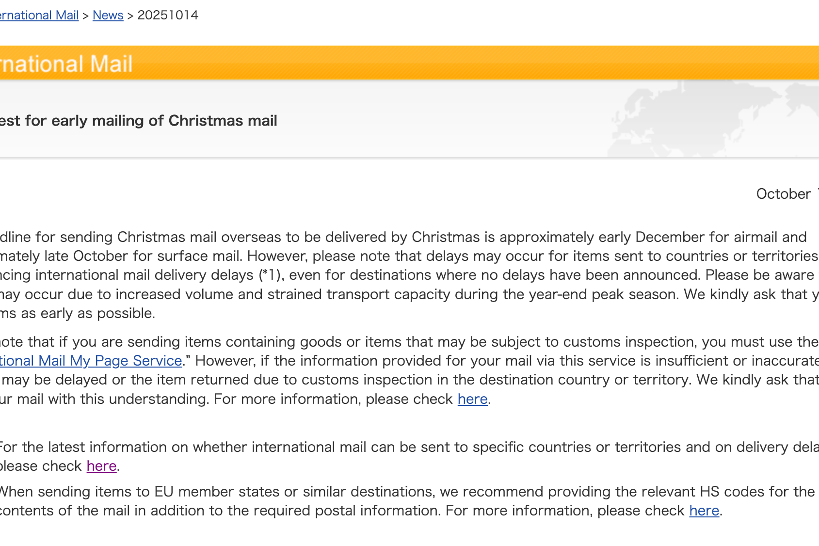 Request for early mailing of Christmas mail 2025
